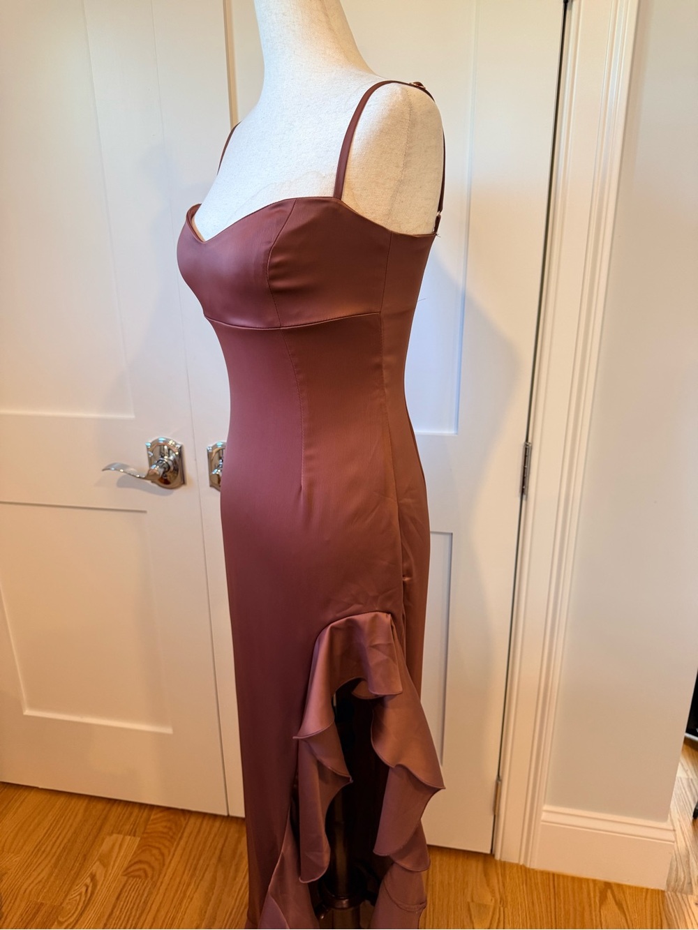 Nookie Sasha Satin High-Slit Ruffle Slip Dress in Mocha - Picture 13 of 15